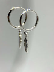 Trendy Feather Charm Hoops - Solid Sterling Silver