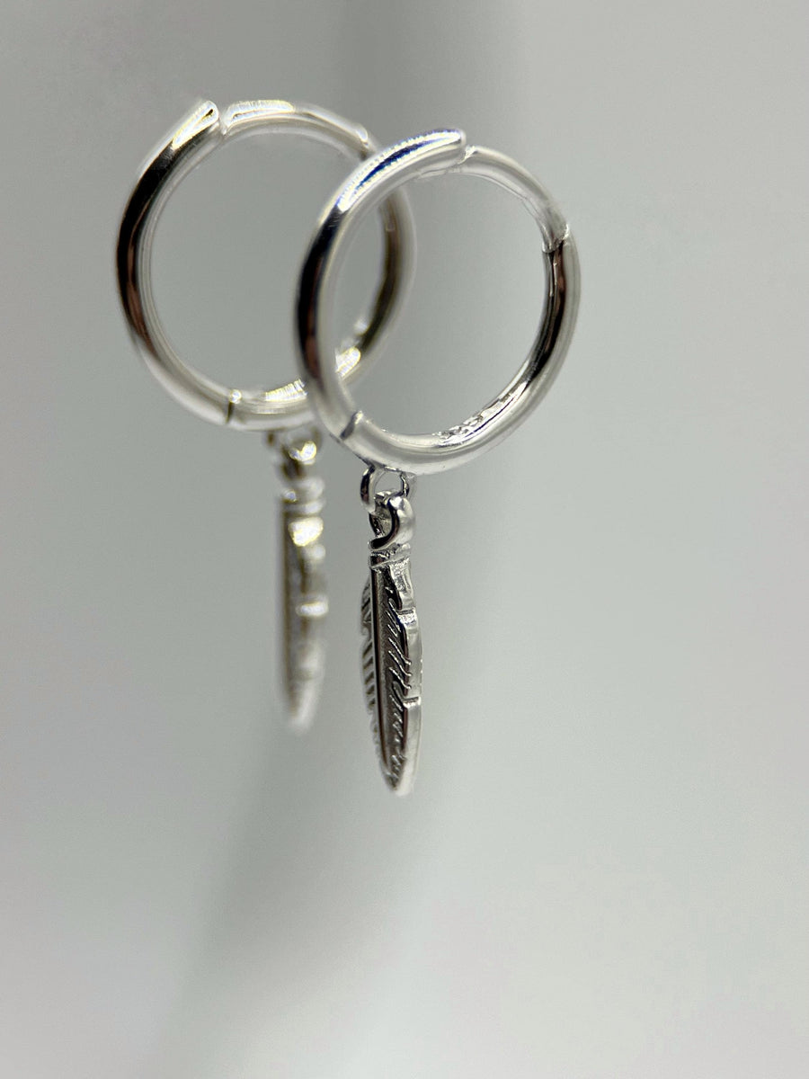 Trendy Feather Charm Hoops - Solid Sterling Silver