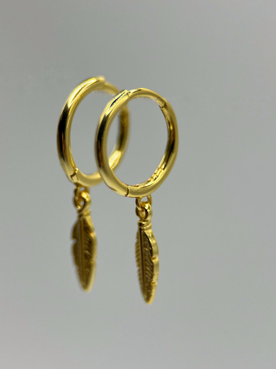 Gold 925 Sterling Silver Feather Charm Hoops
