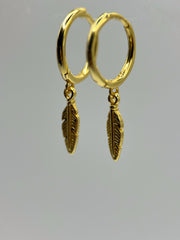 Gold 925 Sterling Silver Feather Charm Hoops