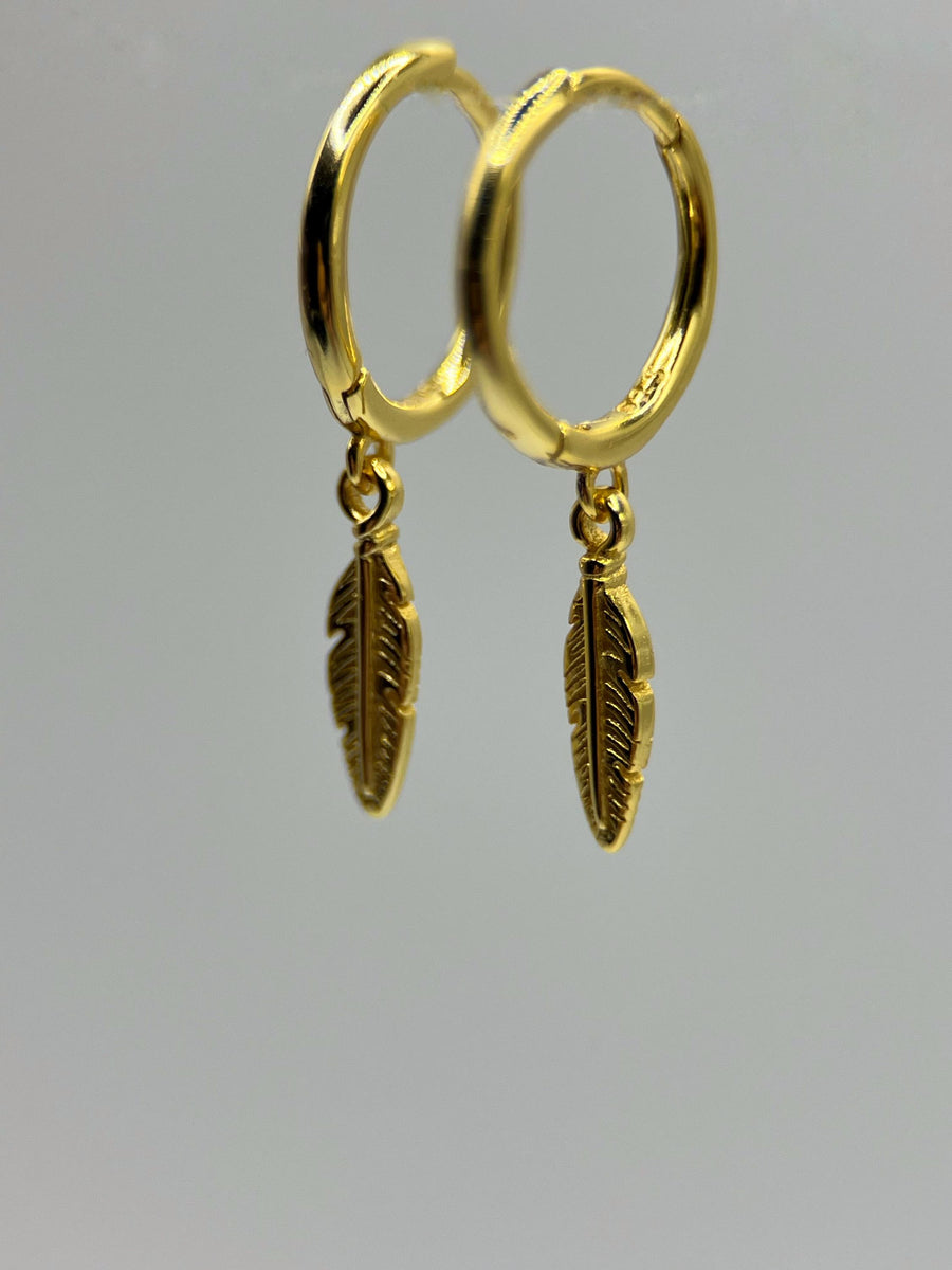 Gold 925 Sterling Silver Feather Charm Hoops