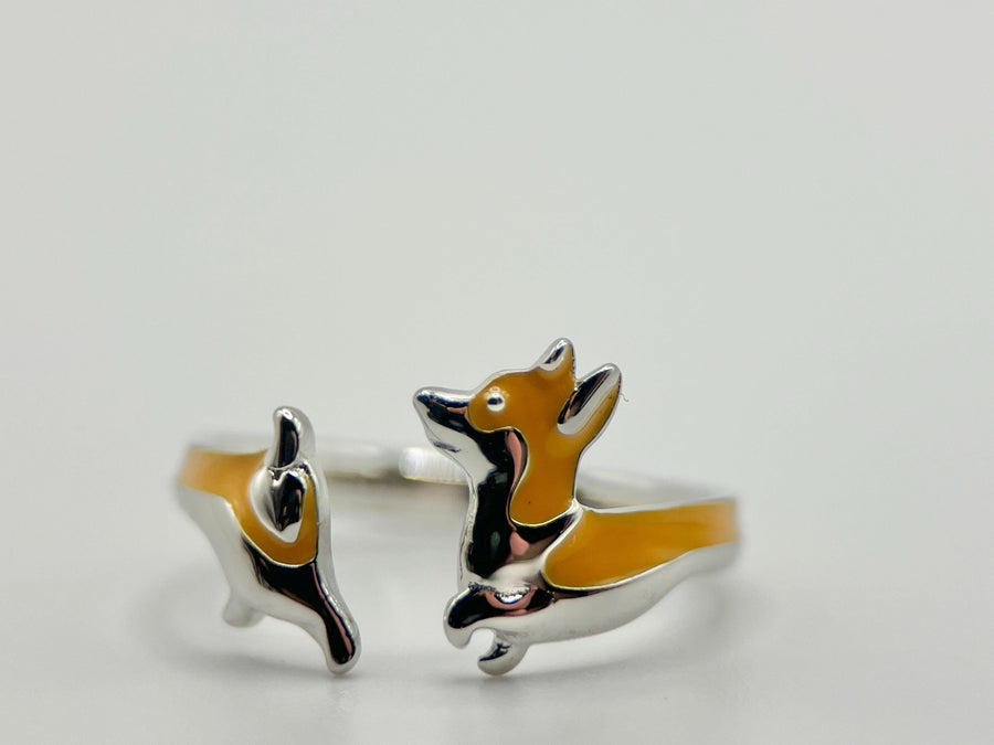 925 Sterling Silver Corgi Dog Ring, Wrap Ring, handmade jewelry, Statement Ring, Unique Ring, Open Adjustable, Bypass ring, Corgi Jewelry