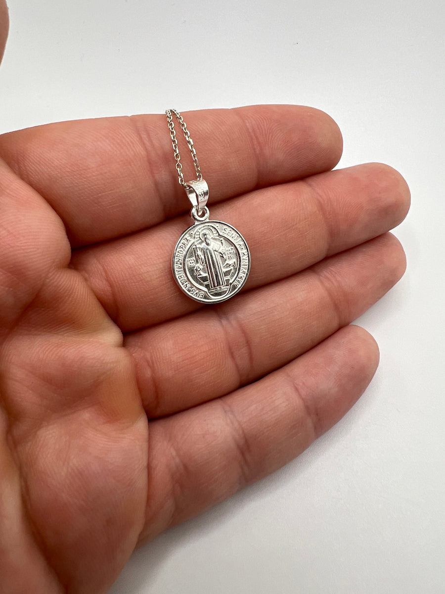 925 sterling silver Saint Benedict, 16mm Pendant, Necklace, Christian Jewelry, / Cadena o dije de San Benito en 925 Plata