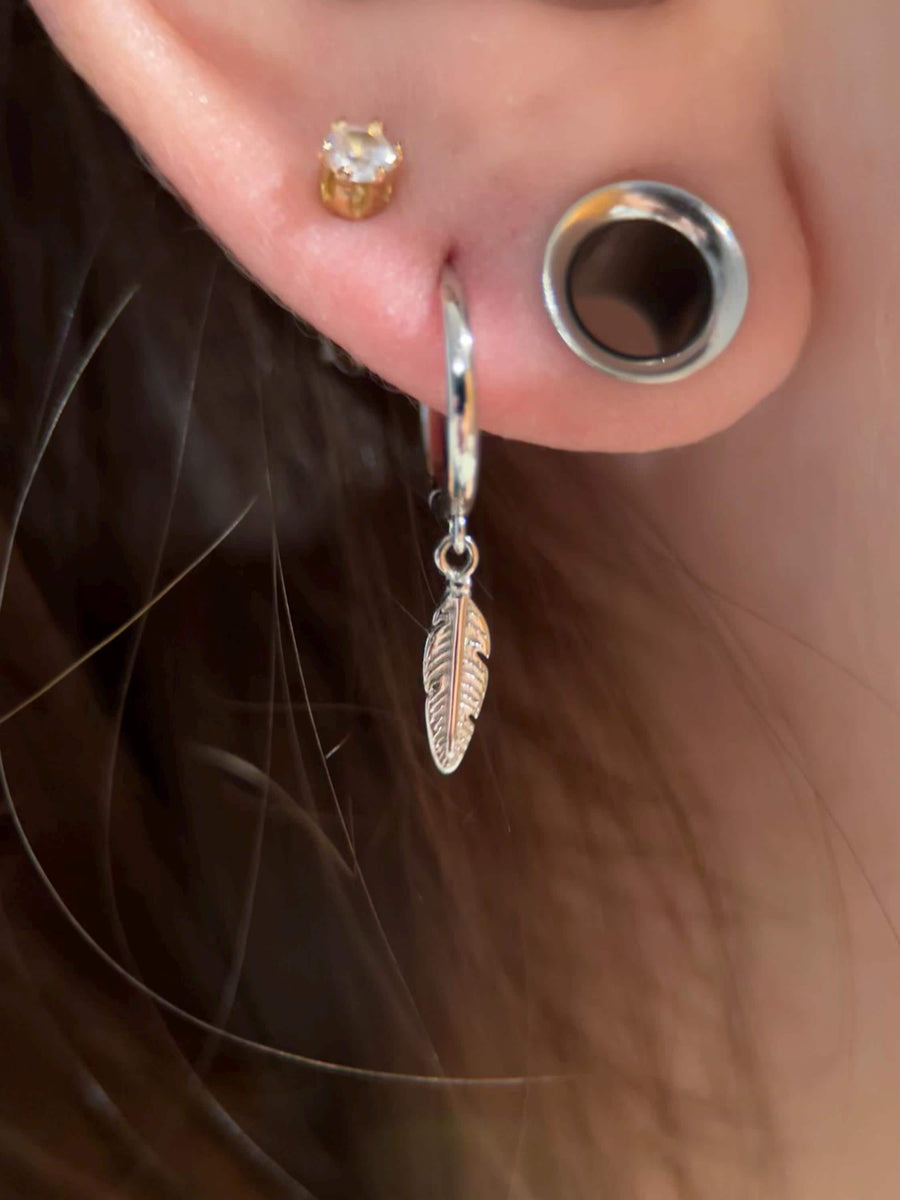Trendy Feather Charm Hoops - Solid Sterling Silver
