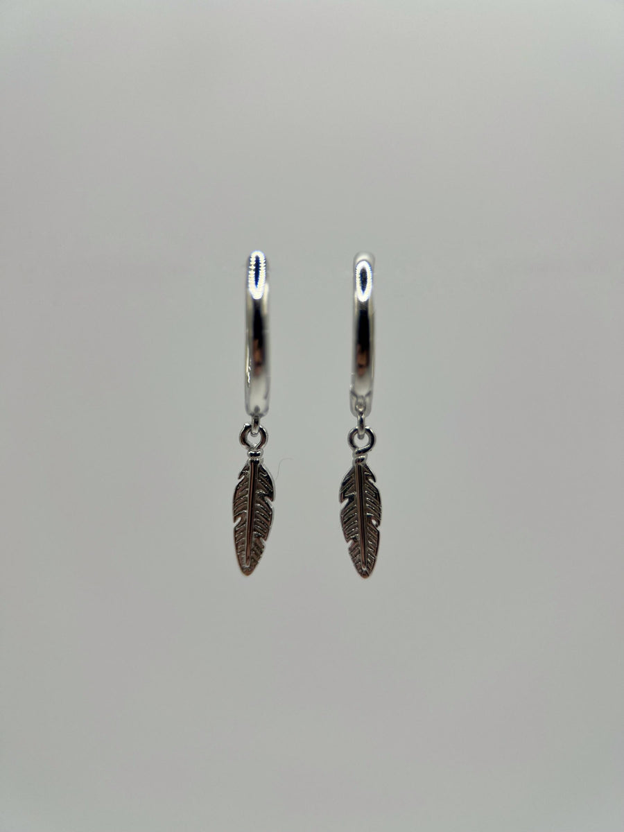 Trendy Feather Charm Hoops - Solid Sterling Silver