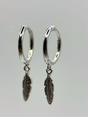 Trendy Feather Charm Hoops - Solid Sterling Silver