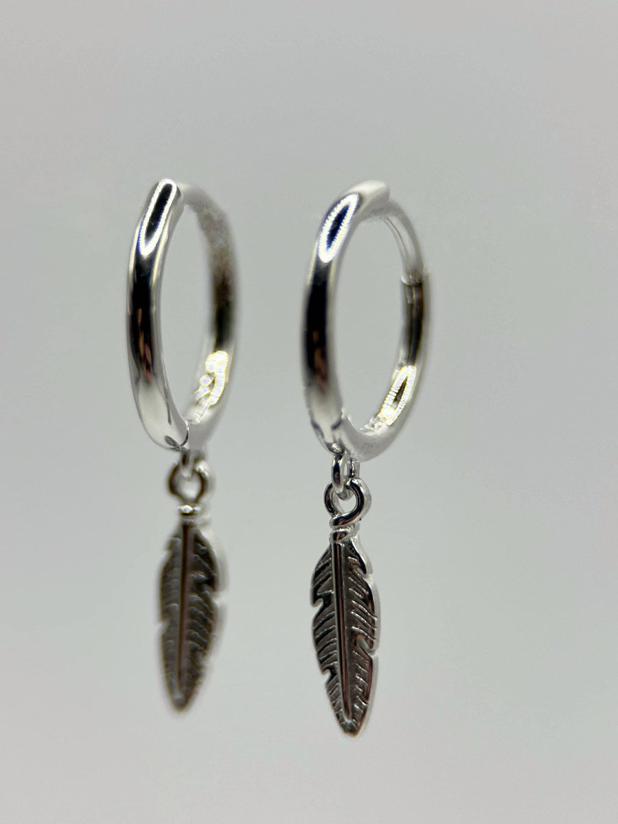 Trendy Feather Charm Hoops - Solid Sterling Silver