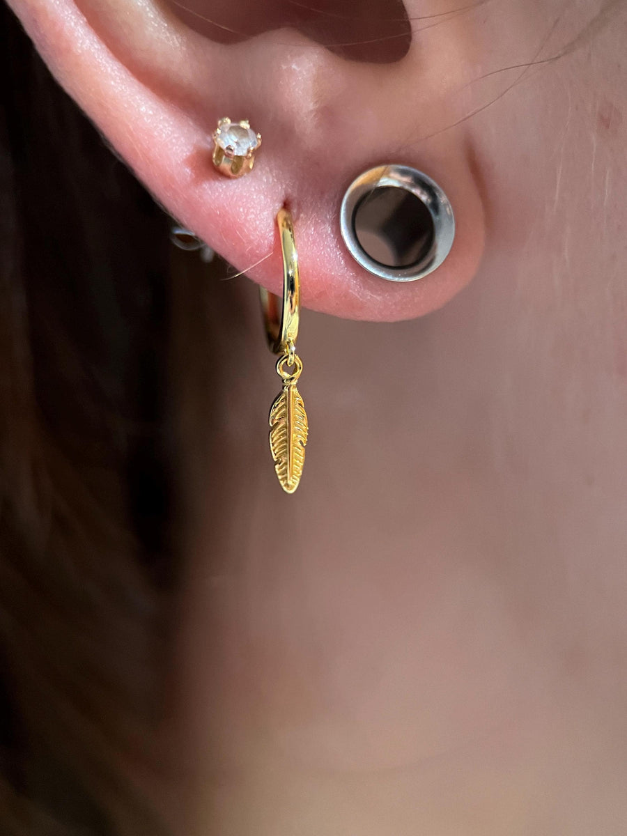 Gold 925 Sterling Silver Feather Charm Hoops