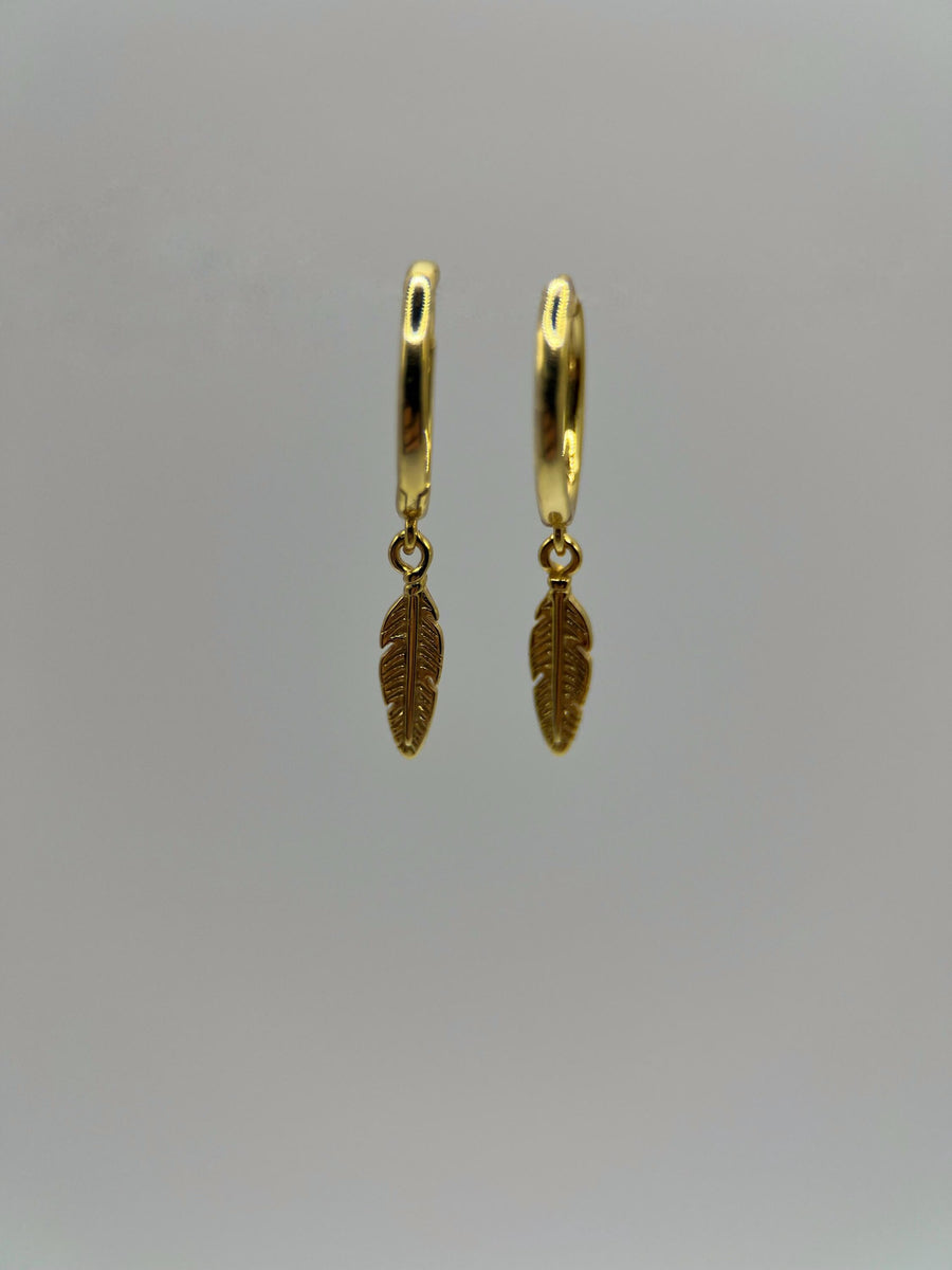 Gold 925 Sterling Silver Feather Charm Hoops