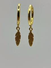 Gold 925 Sterling Silver Feather Charm Hoops