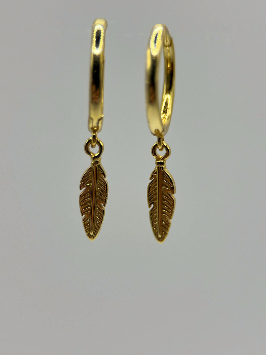 Gold 925 Sterling Silver Feather Charm Hoops