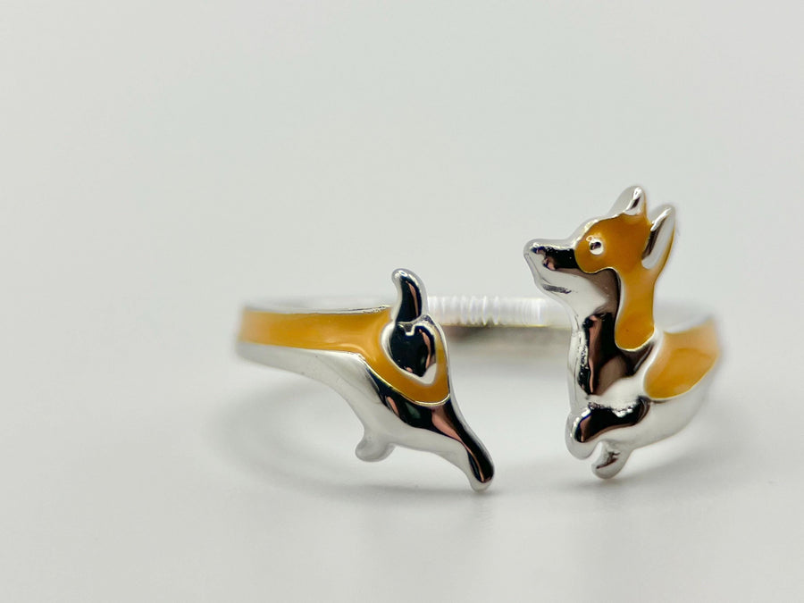 925 Sterling Silver Corgi Dog Ring, Wrap Ring, handmade jewelry, Statement Ring, Unique Ring, Open Adjustable, Bypass ring, Corgi Jewelry