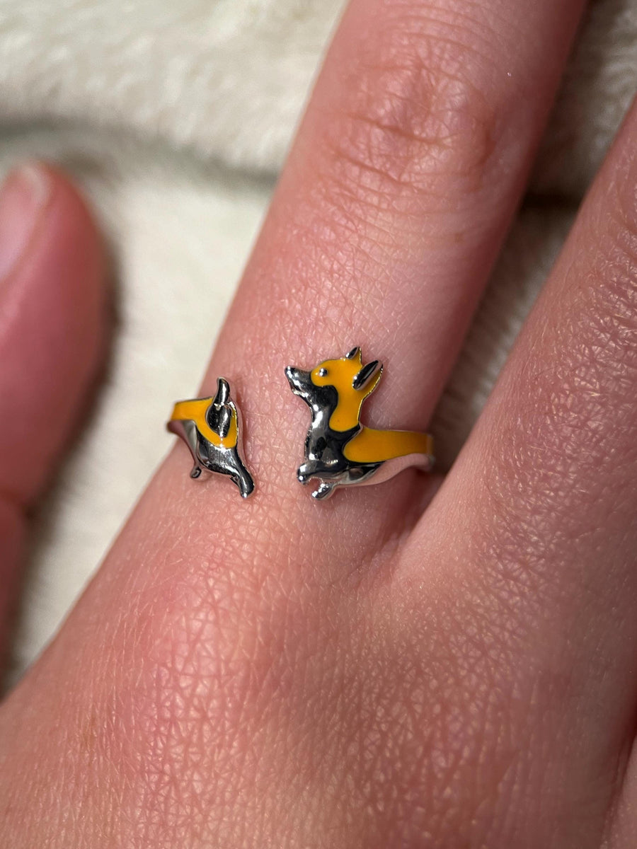 925 Sterling Silver Corgi Dog Ring, Wrap Ring, handmade jewelry, Statement Ring, Unique Ring, Open Adjustable, Bypass ring, Corgi Jewelry