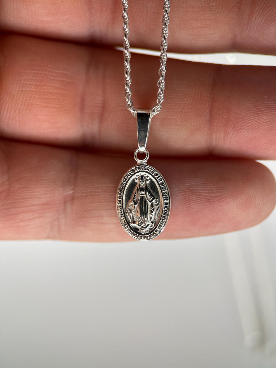 925 Silver Mary Pendant Virgin Mary Necklace Saint Mary Medal Sterling Silver Necklace Protector Pendant For Men Gift For Man Rope chain