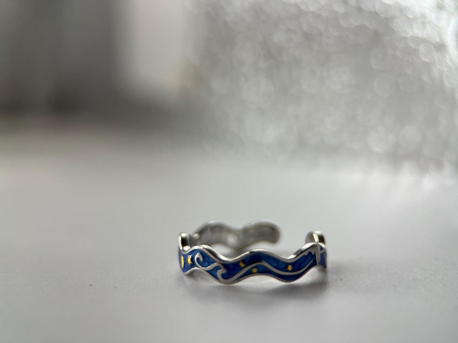 Adjustable 925 Silver Starry Night Van Gogh Style Ring
