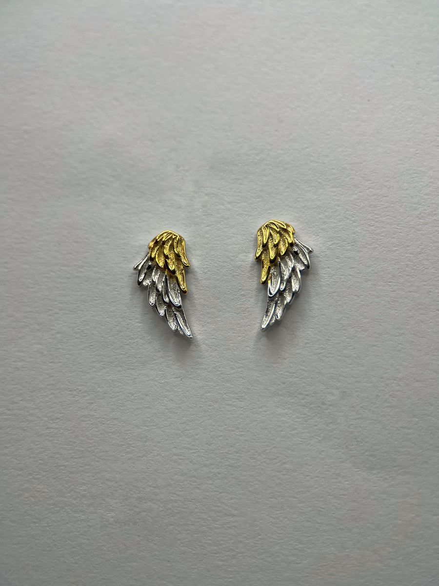 Two-Tone Angel Wings Stud Earrings in 925 Sterling Silver, Feather Earrings, Silver Wing Earrings