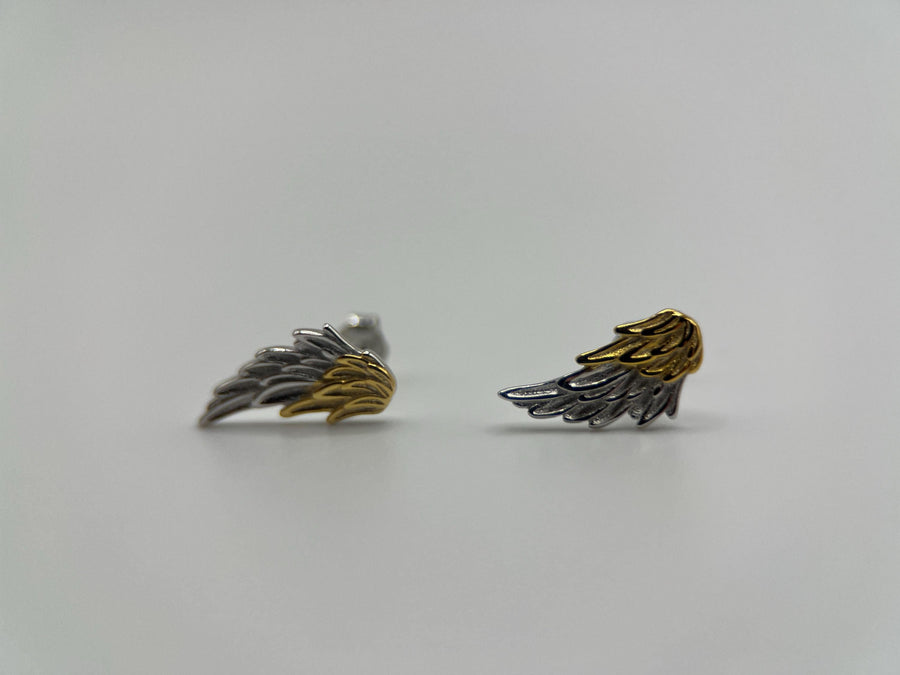 Two-Tone Angel Wings Stud Earrings in 925 Sterling Silver, Feather Earrings, Silver Wing Earrings