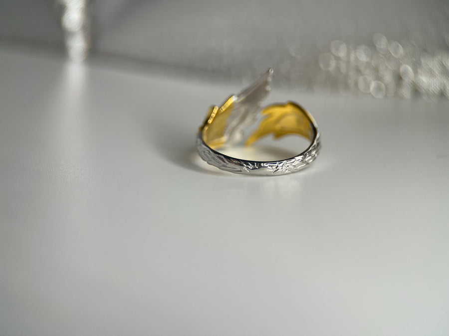 Two Tone Angel Wings Silver Ring, Delicate Feather Band - Adjustable Women's Jewelry