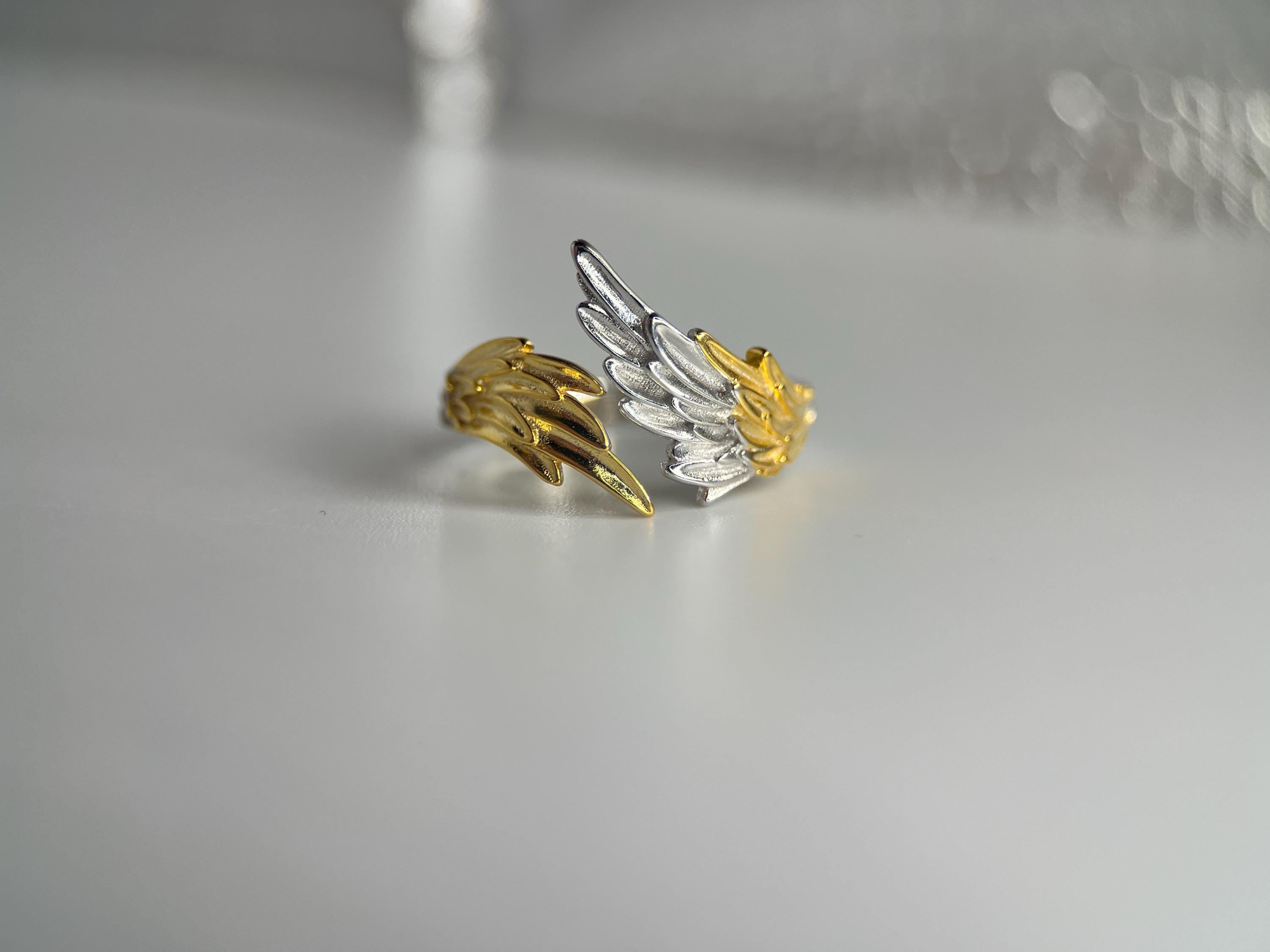 Two Tone Angel Wings Silver Ring, Delicate Feather Band - Adjustable Women's Jewelry