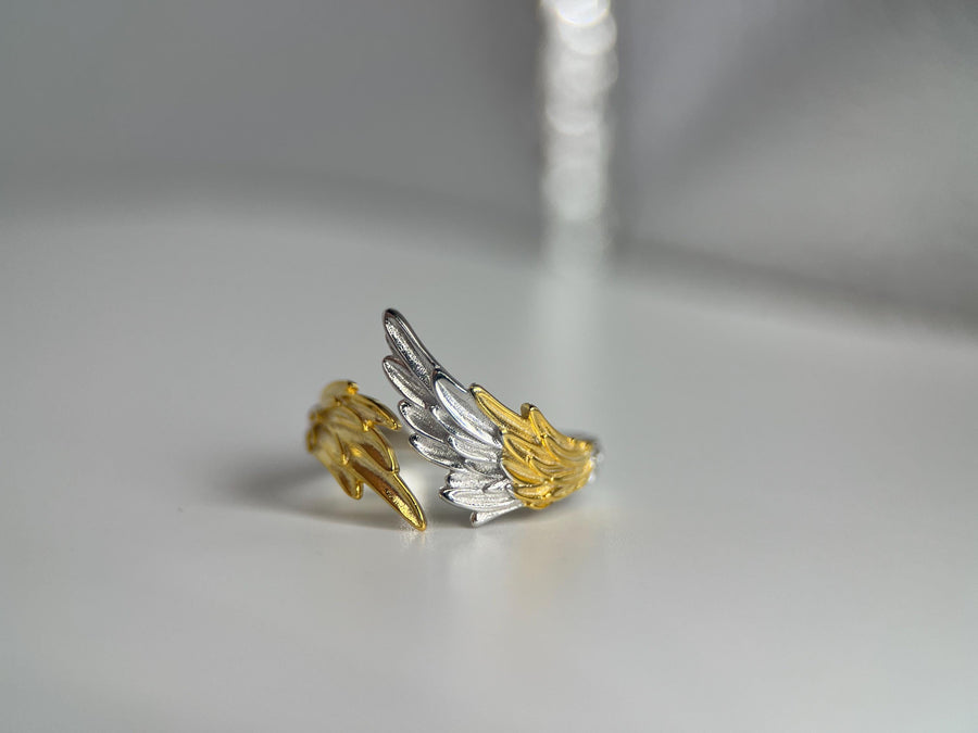 Two Tone Angel Wings Silver Ring, Delicate Feather Band - Adjustable Women's Jewelry