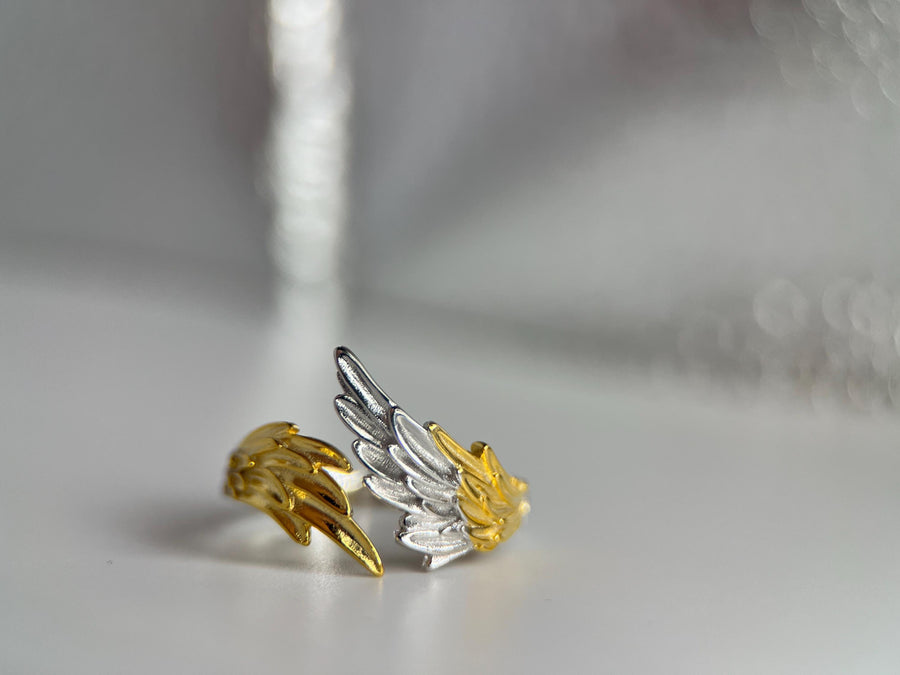 Two Tone Angel Wings Silver Ring, Delicate Feather Band - Adjustable Women's Jewelry