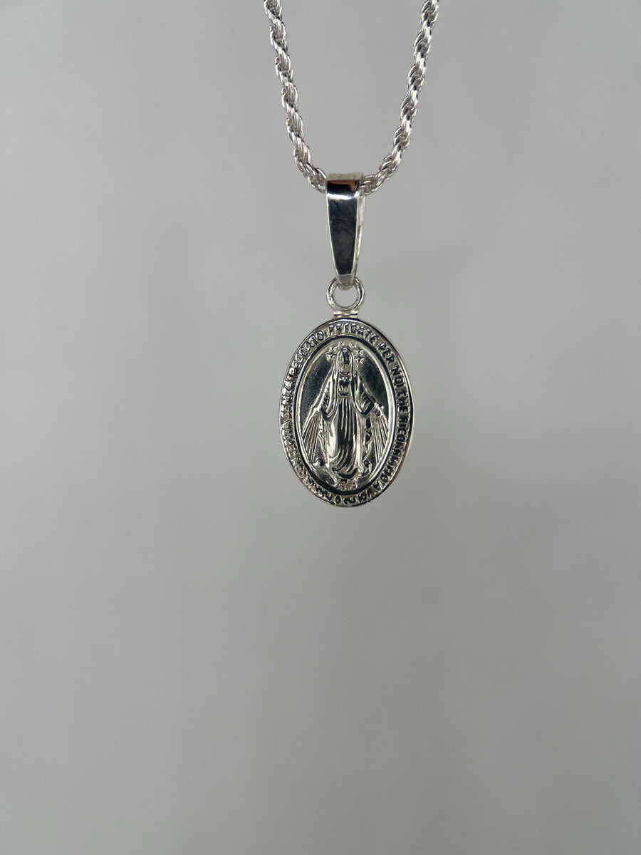925 Silver Mary Pendant Virgin Mary Necklace Saint Mary Medal Sterling Silver Necklace Protector Pendant For Men Gift For Man Rope chain