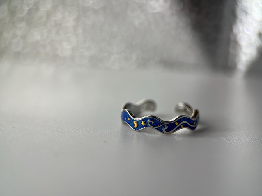 Adjustable 925 Silver Starry Night Van Gogh Style Ring