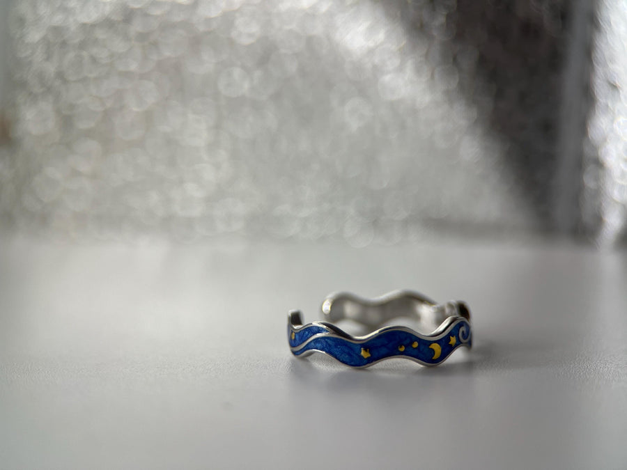 Adjustable 925 Silver Starry Night Van Gogh Style Ring