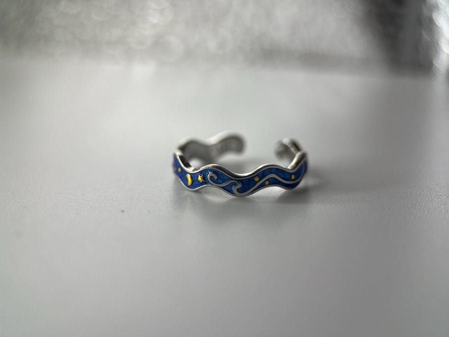 Adjustable 925 Silver Starry Night Van Gogh Style Ring