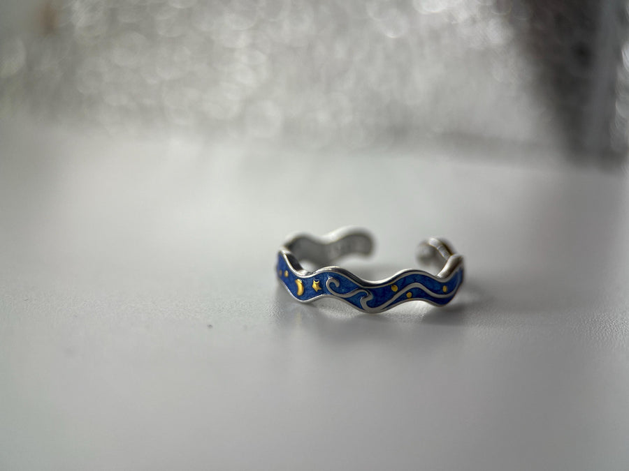 Adjustable 925 Silver Starry Night Van Gogh Style Ring