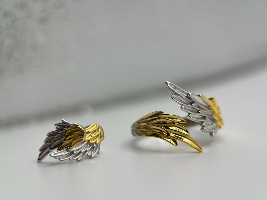 Two-Tone Angel Wings Stud Earrings in 925 Sterling Silver, Feather Earrings, Silver Wing Earrings